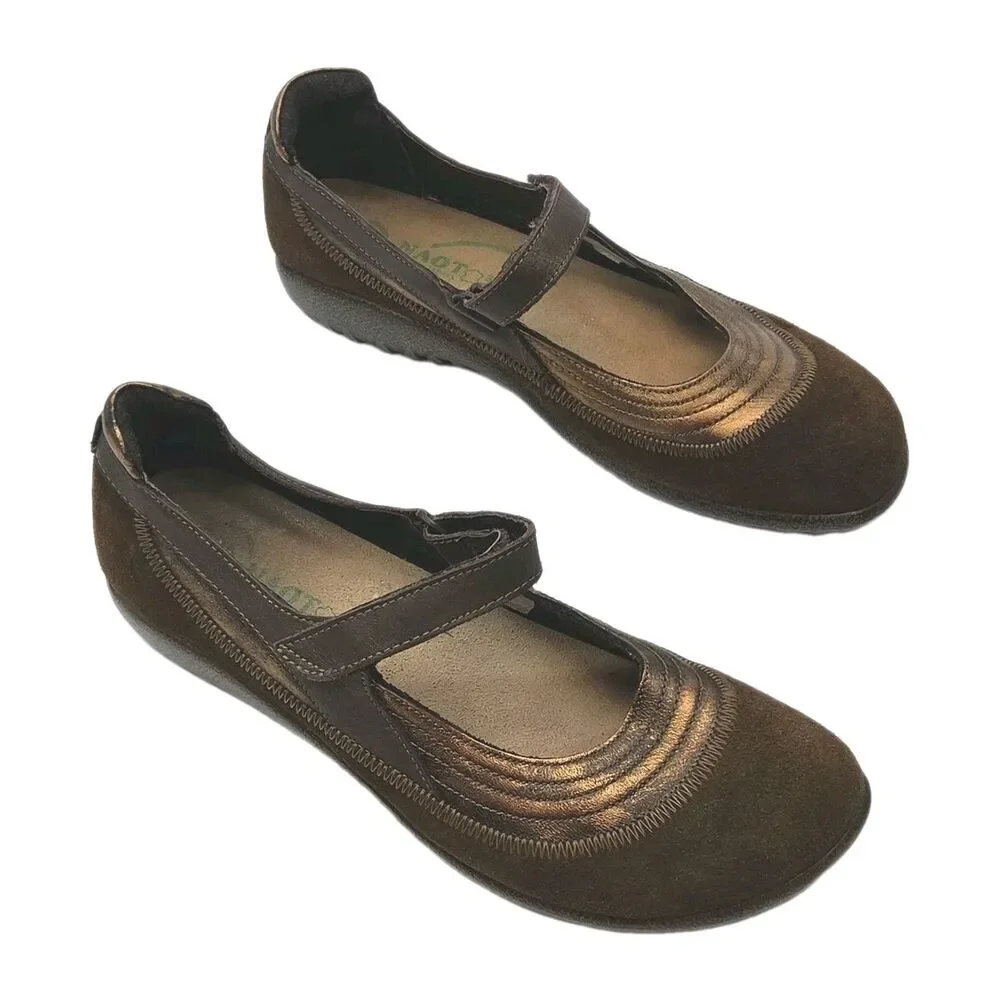Naot Shoes Women Sz 39 US 8-8.5 Kirei Mary Jane Brown Suede Hook & Loop Comfort